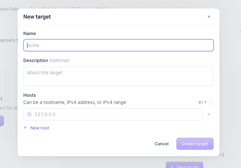 Screenshot of Evervault ASC Scans product showing how a user would create a scan
