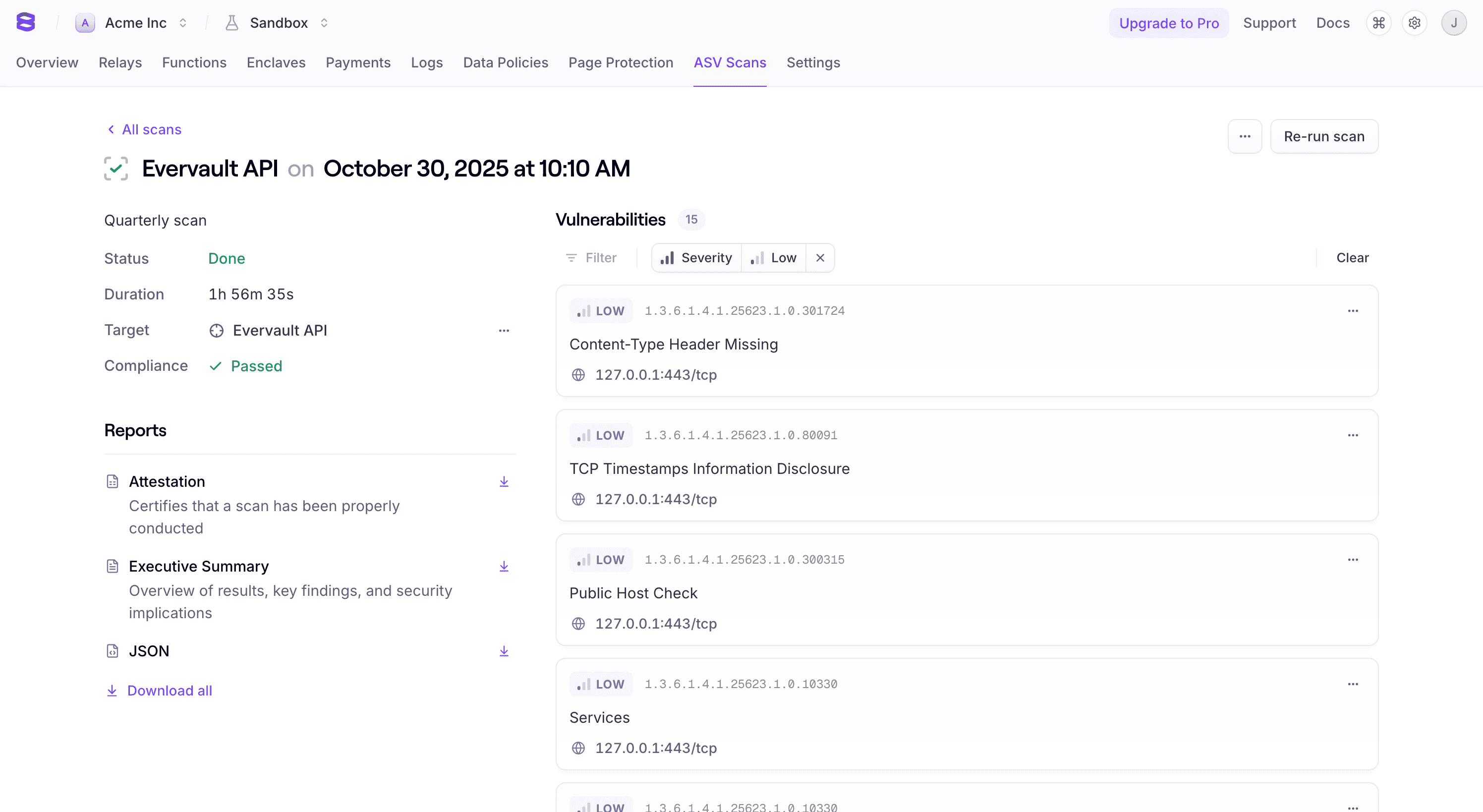 Successful ASV scans results page in the Evervault product