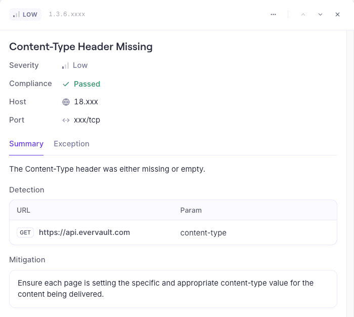 Example of a detailed view of a vulnerability identified by Evervault's ASV Scan product